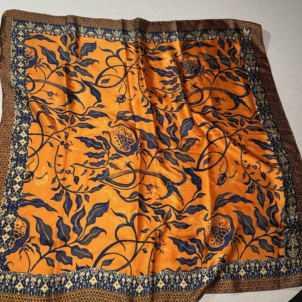 boho chic floral satin square scarf features a vibrant orange base, silky, purse